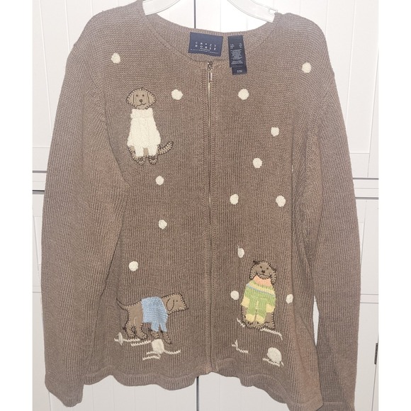 Liz Claiborne Sweaters - Crazy Horse XL Cardigan Sweater Brown Dogs Embroidered Knit Full Zip‎ vintage